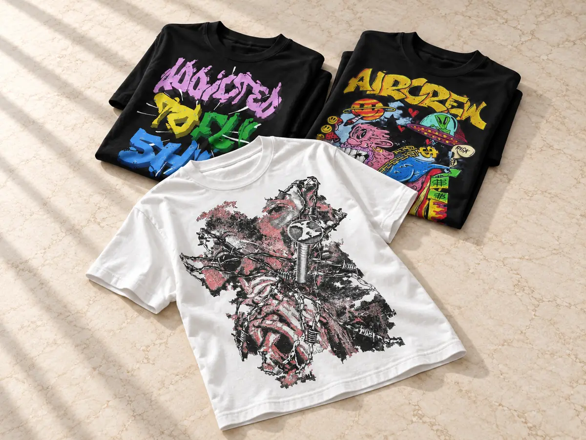 Black and white T shirts with colorful graphic prints