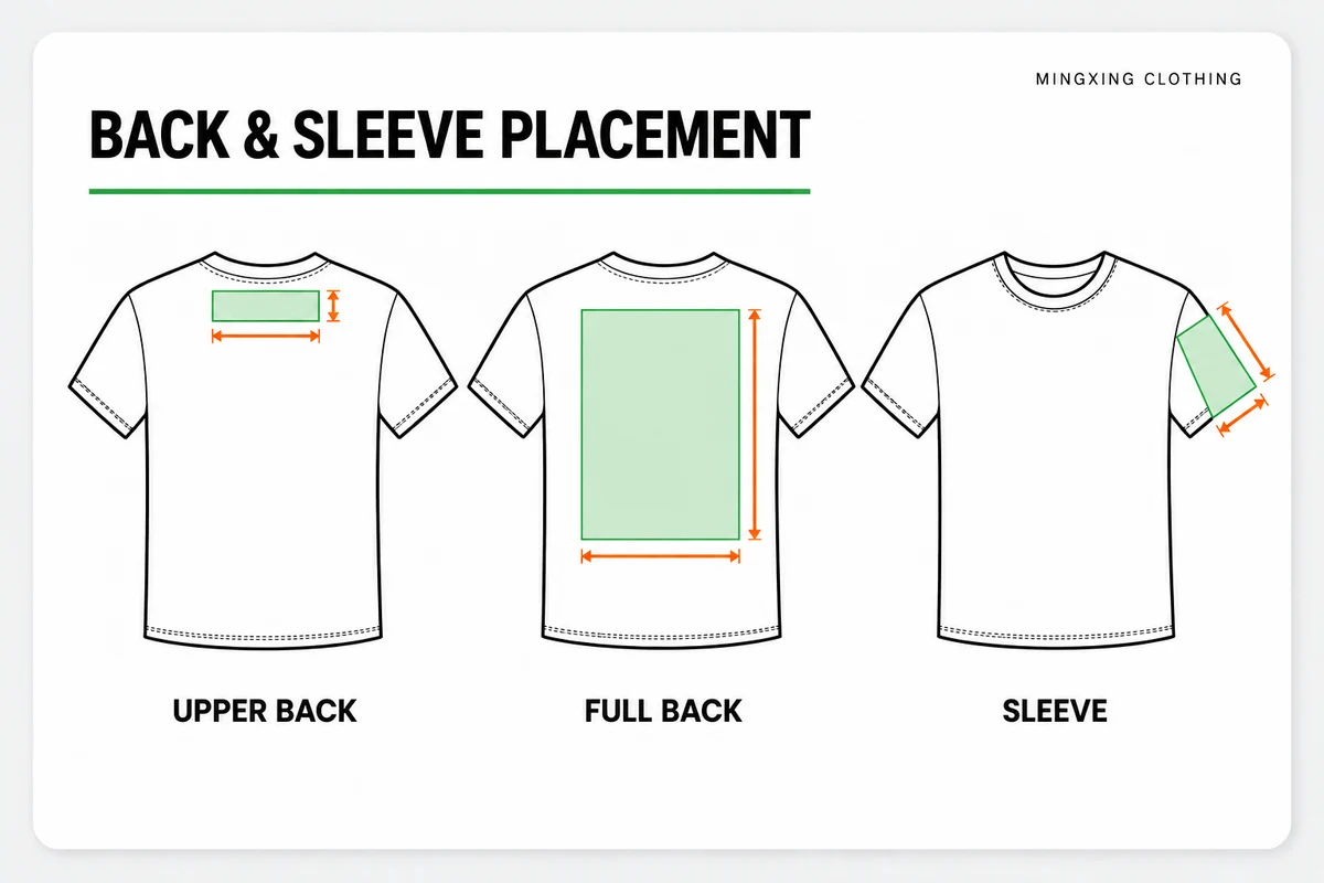 Flat-lay T-shirts showing upper back, full back and sleeve print placement