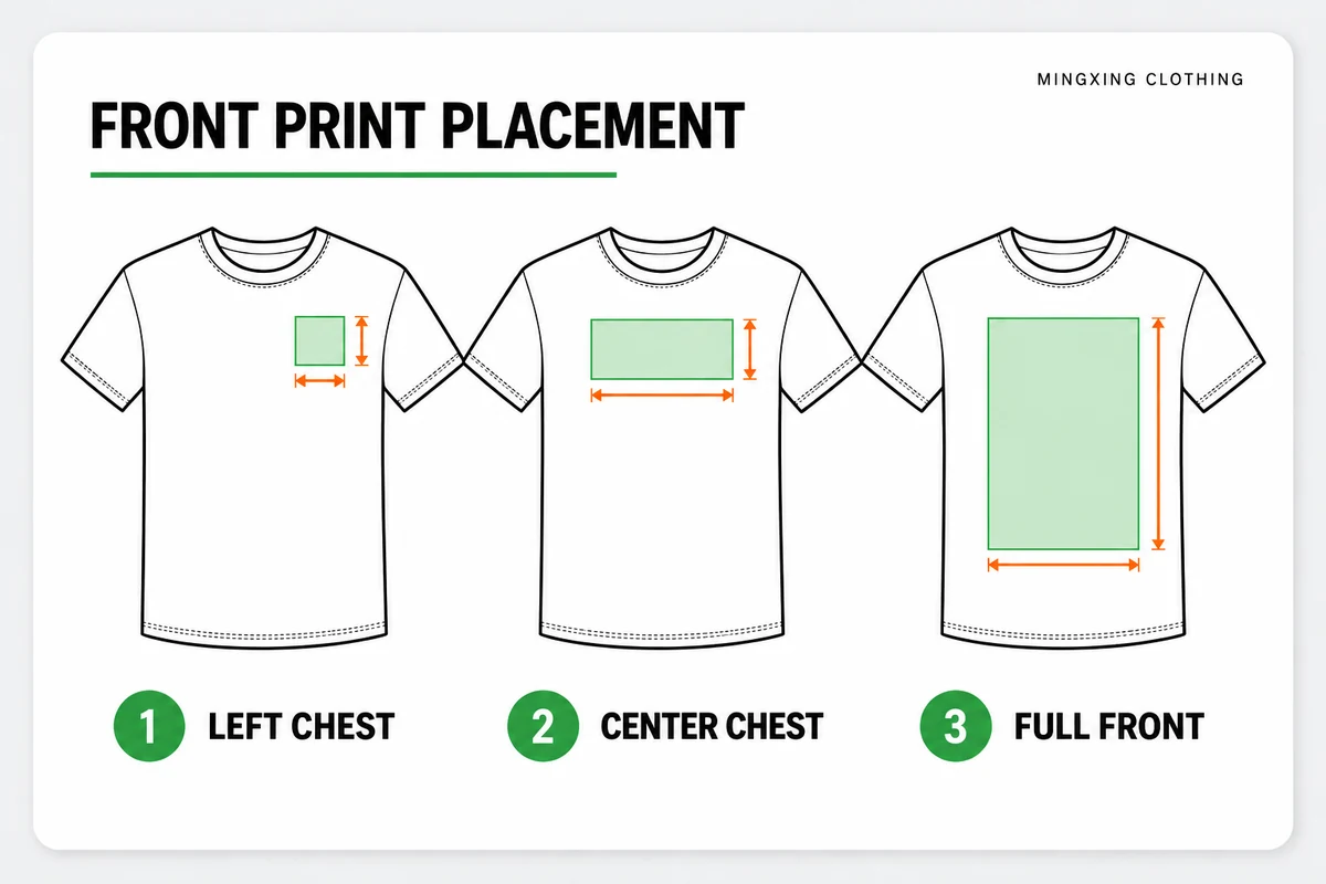 Flat-lay T-shirts comparing left chest, center chest and full front print placement