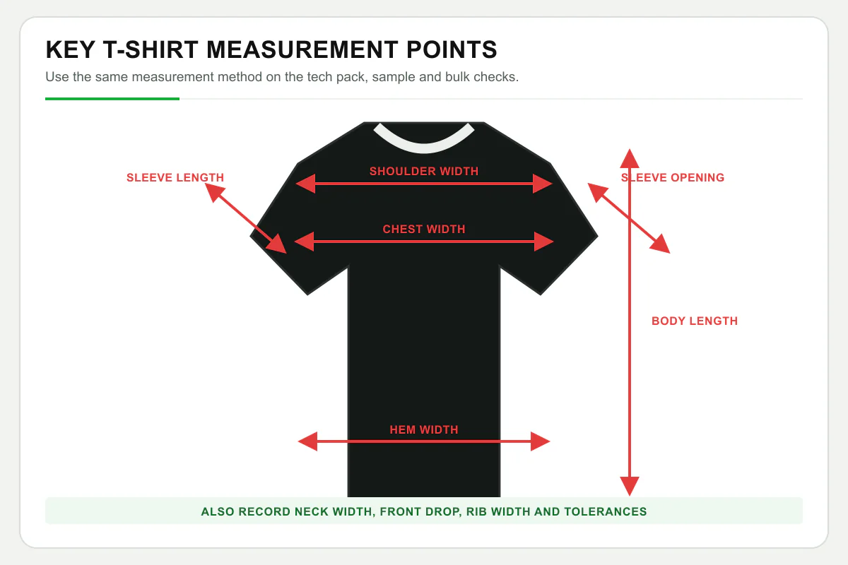 Black T-shirt with red arrows marking shoulder, chest, sleeve, body and hem measurements