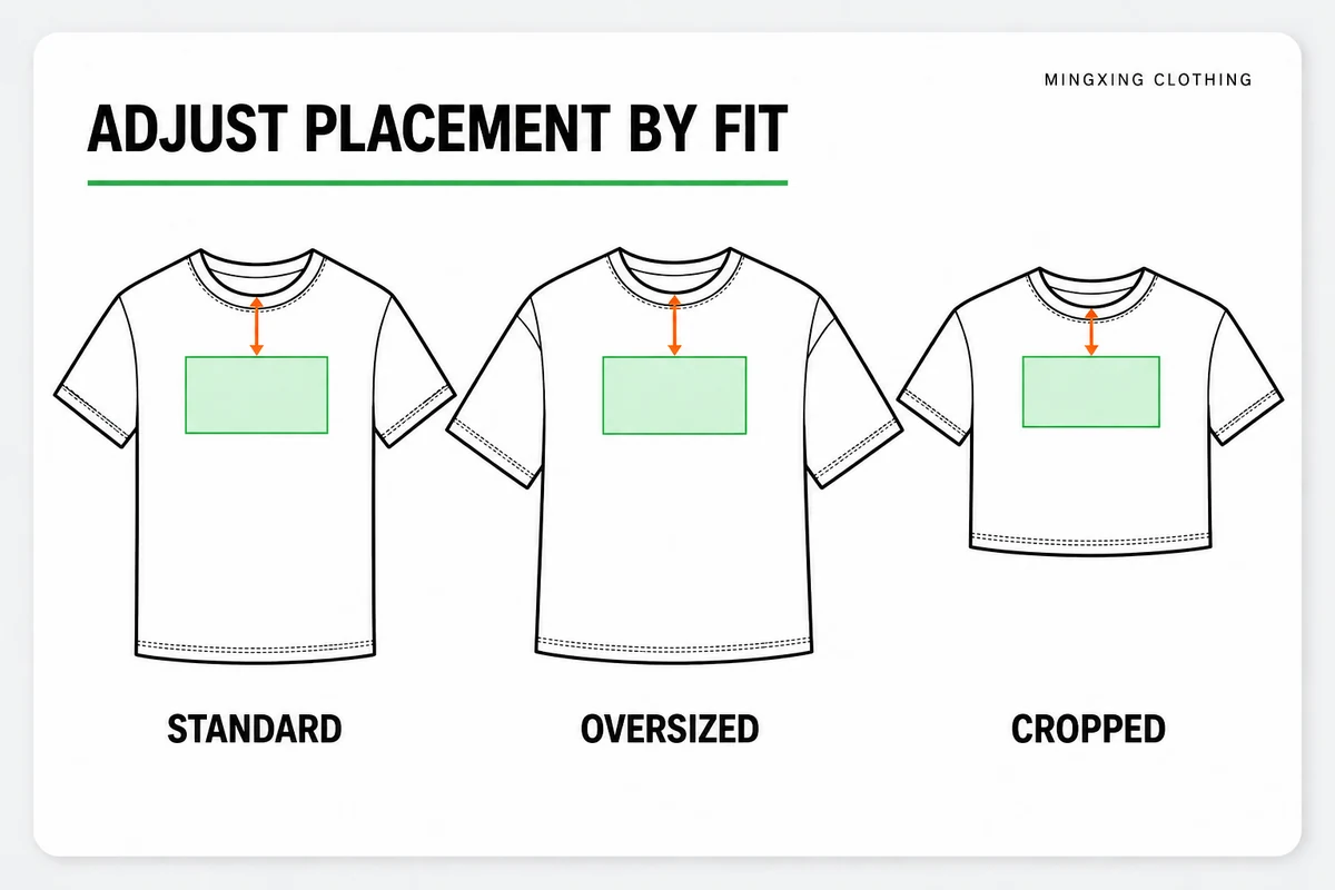 Flat-lay standard, oversized and cropped T-shirts comparing the same print position