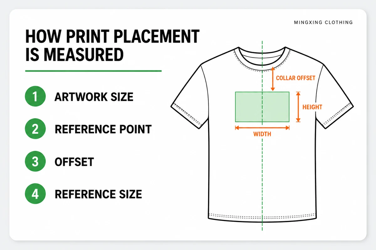 Flat-lay T-shirt showing artwork width, height, center line and collar offset measurements
