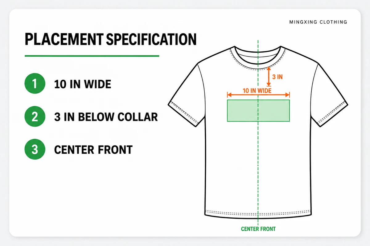 Flat-lay T-shirt sample with width, collar offset and center-front measurements