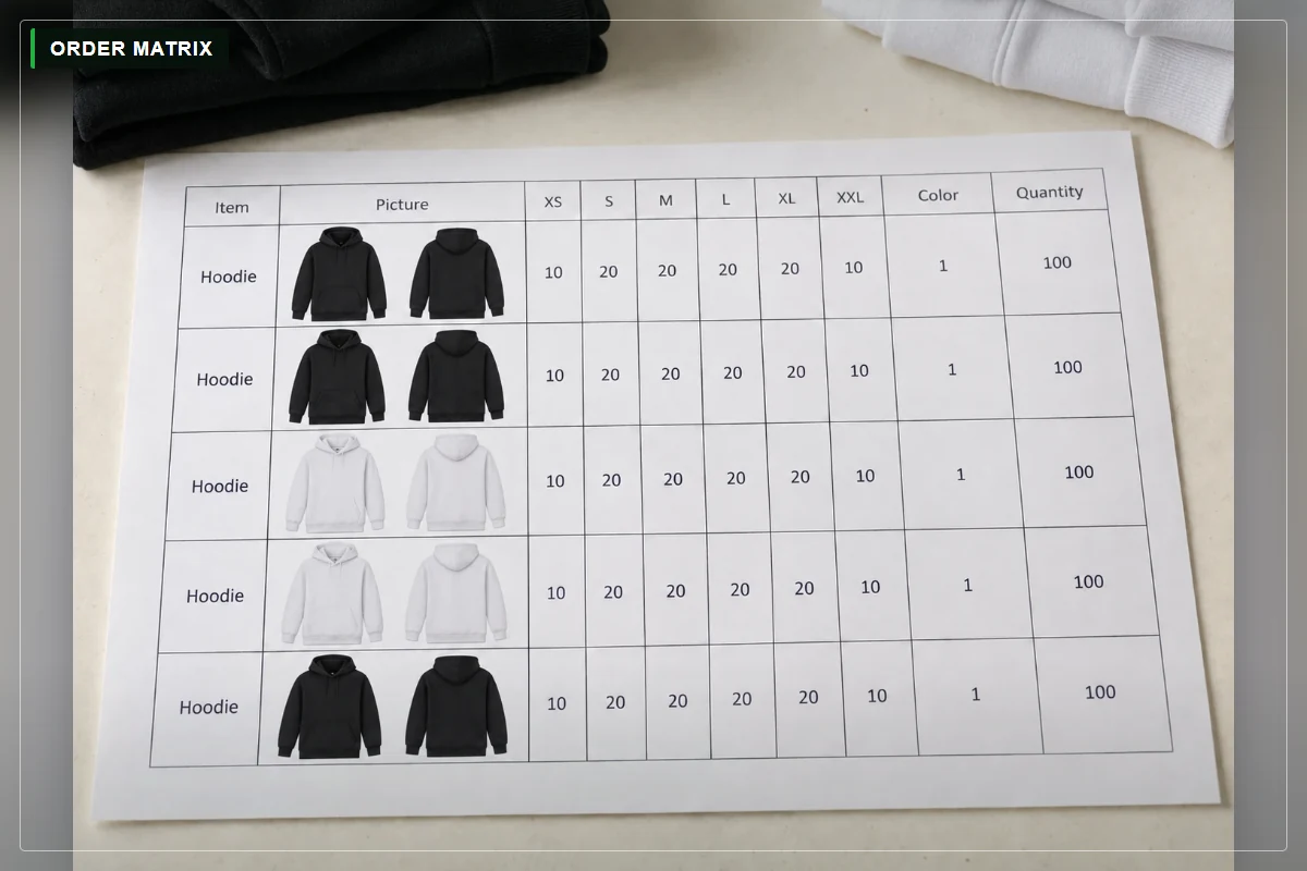 Hoodie color and size quantity matrix used beside apparel material planning