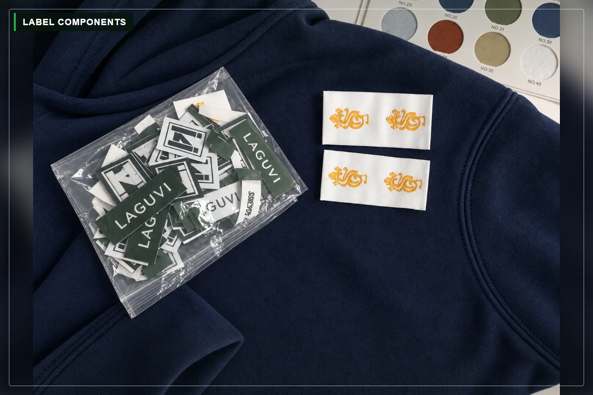 Custom clothing labels and hoodie fabric prepared as controlled garment components