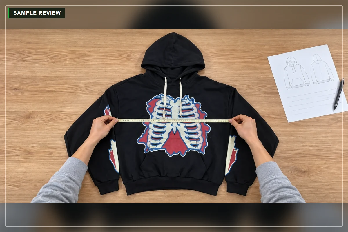 Hoodie sample reviewed against garment drawings before production approval