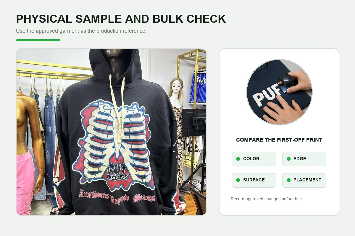 Physical sample inspection and first-off bulk print comparison for custom garment approval