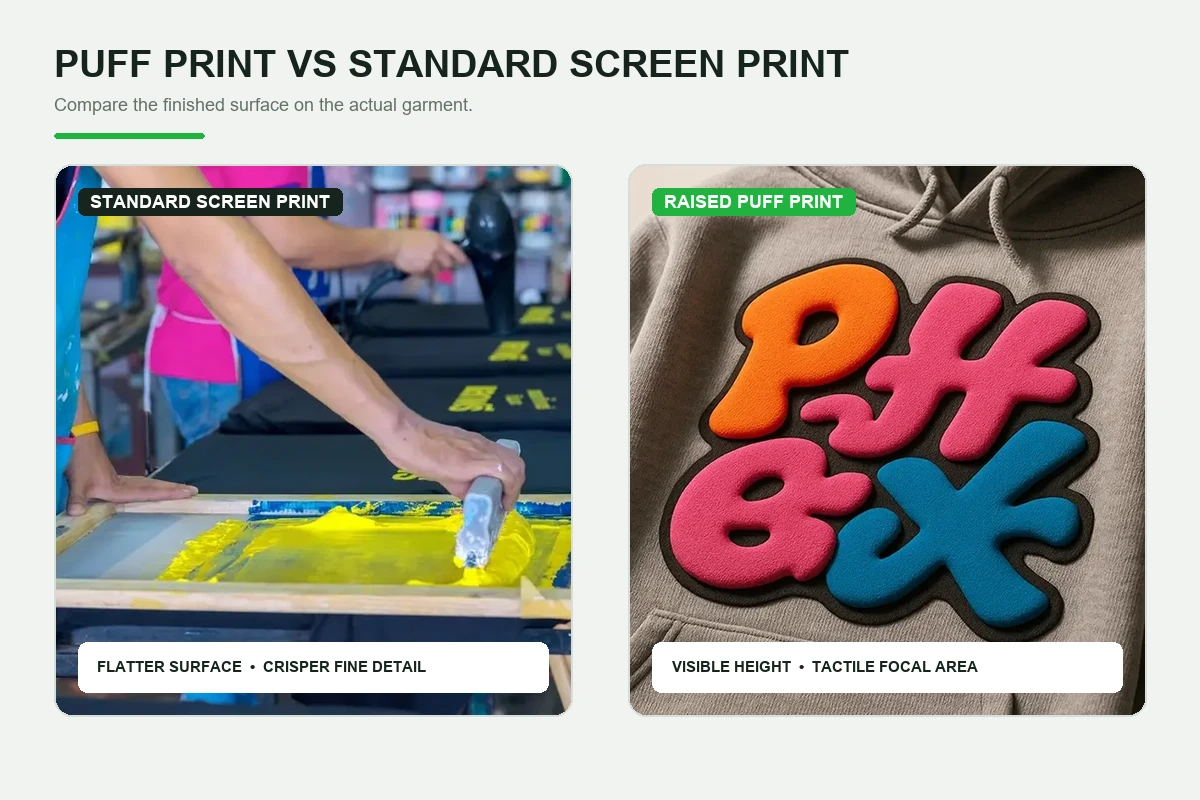 Standard screen-print process and raised puff-print finish compared for custom apparel